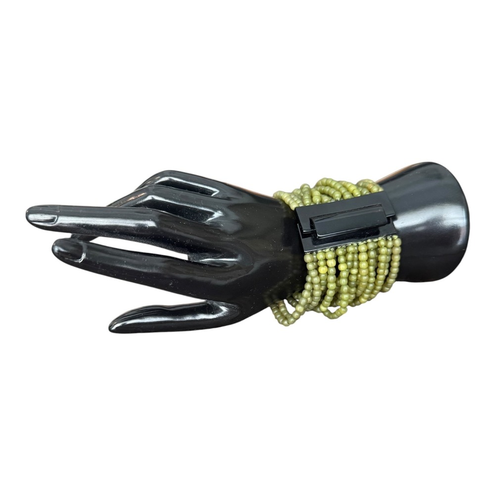 Olive Green Multi Strand Seed Bead Cuff Bracelet Black Resin Clasp Statement VTG